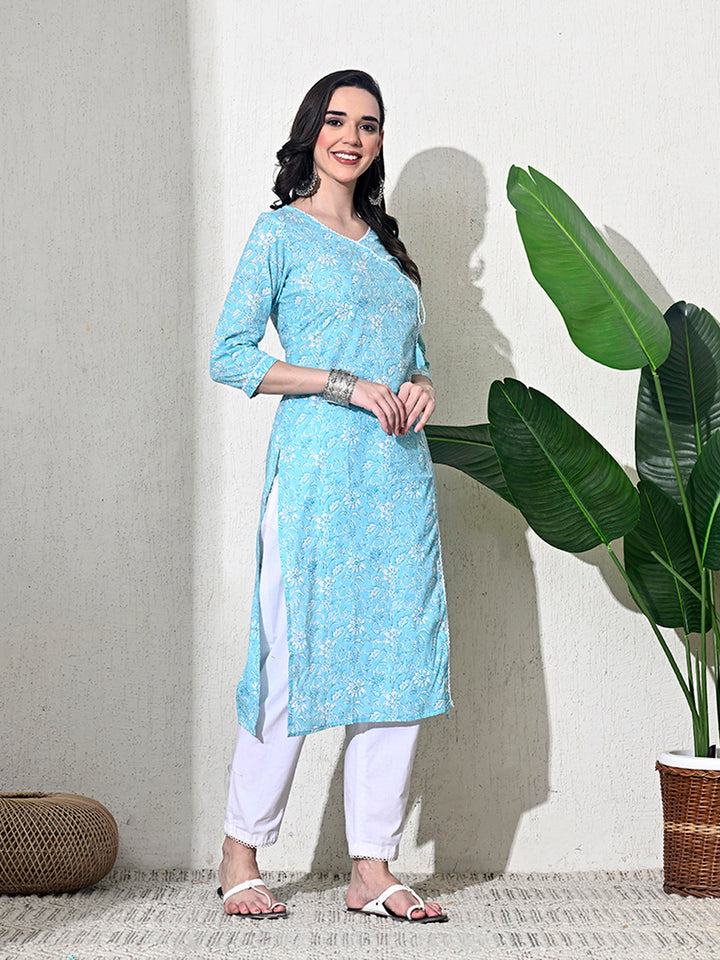 Light Blue Block Print Angarakha Kurta