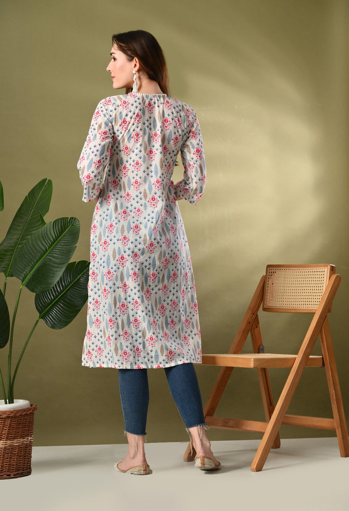 White Floral Print Flared Kurtas