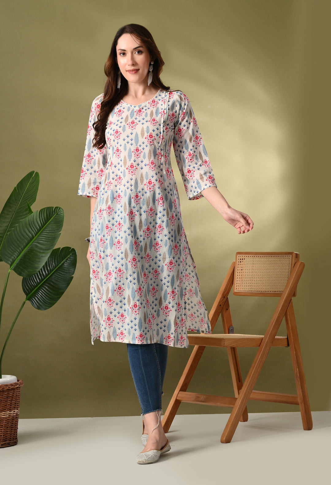 White Floral Print Flared Kurtas