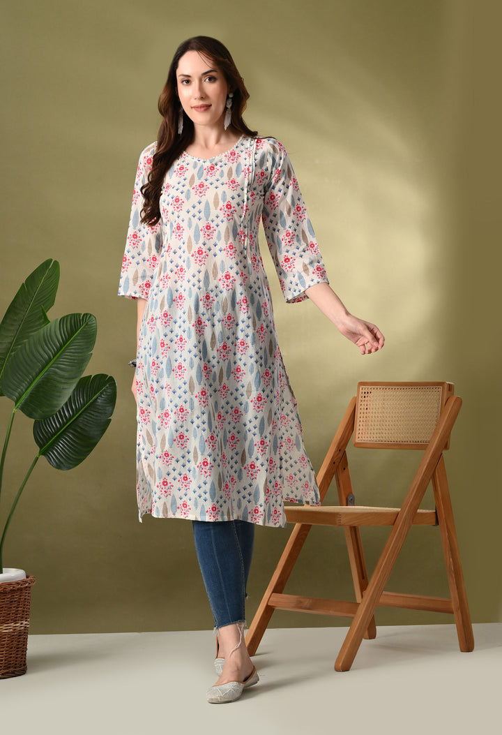 White Floral Print Flared Kurtas