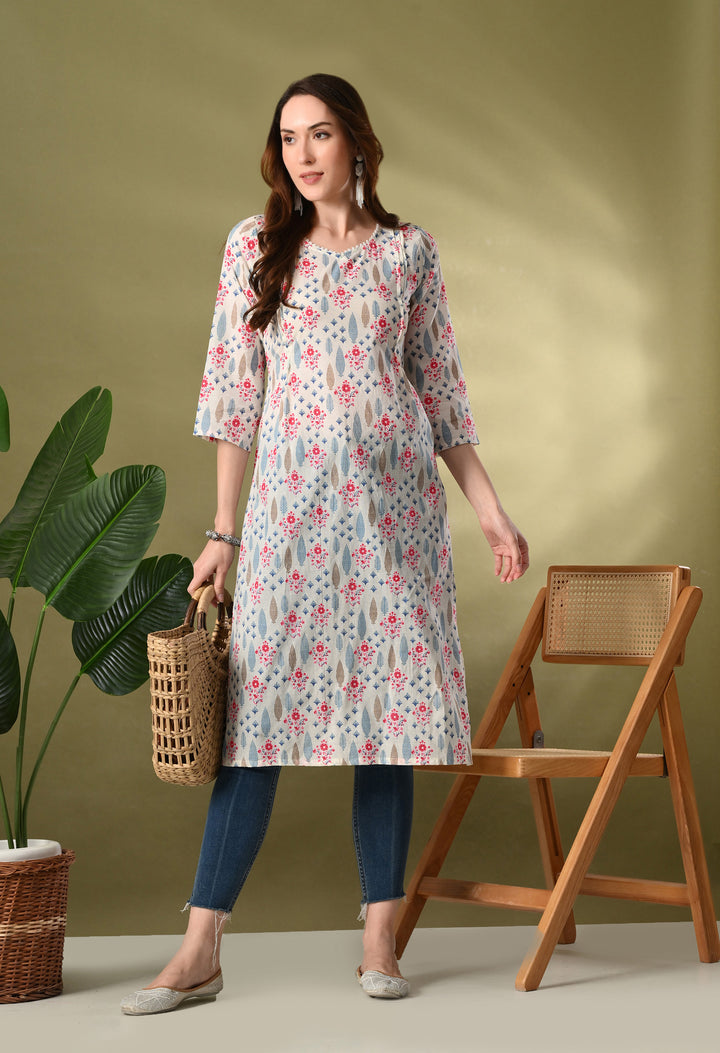White Floral Print Flared Kurtas