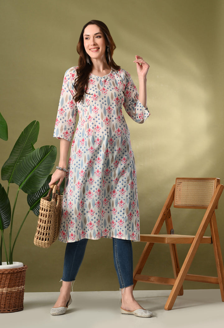 White Floral Print Flared Kurtas