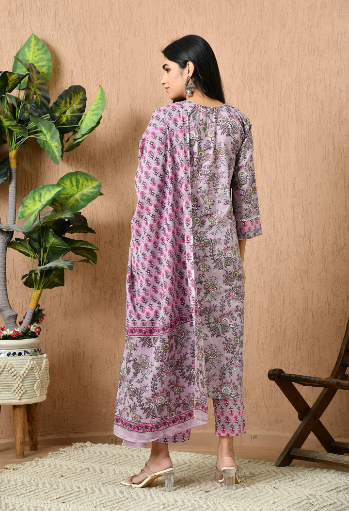 Pink Floral V-Neck Kurta Sets