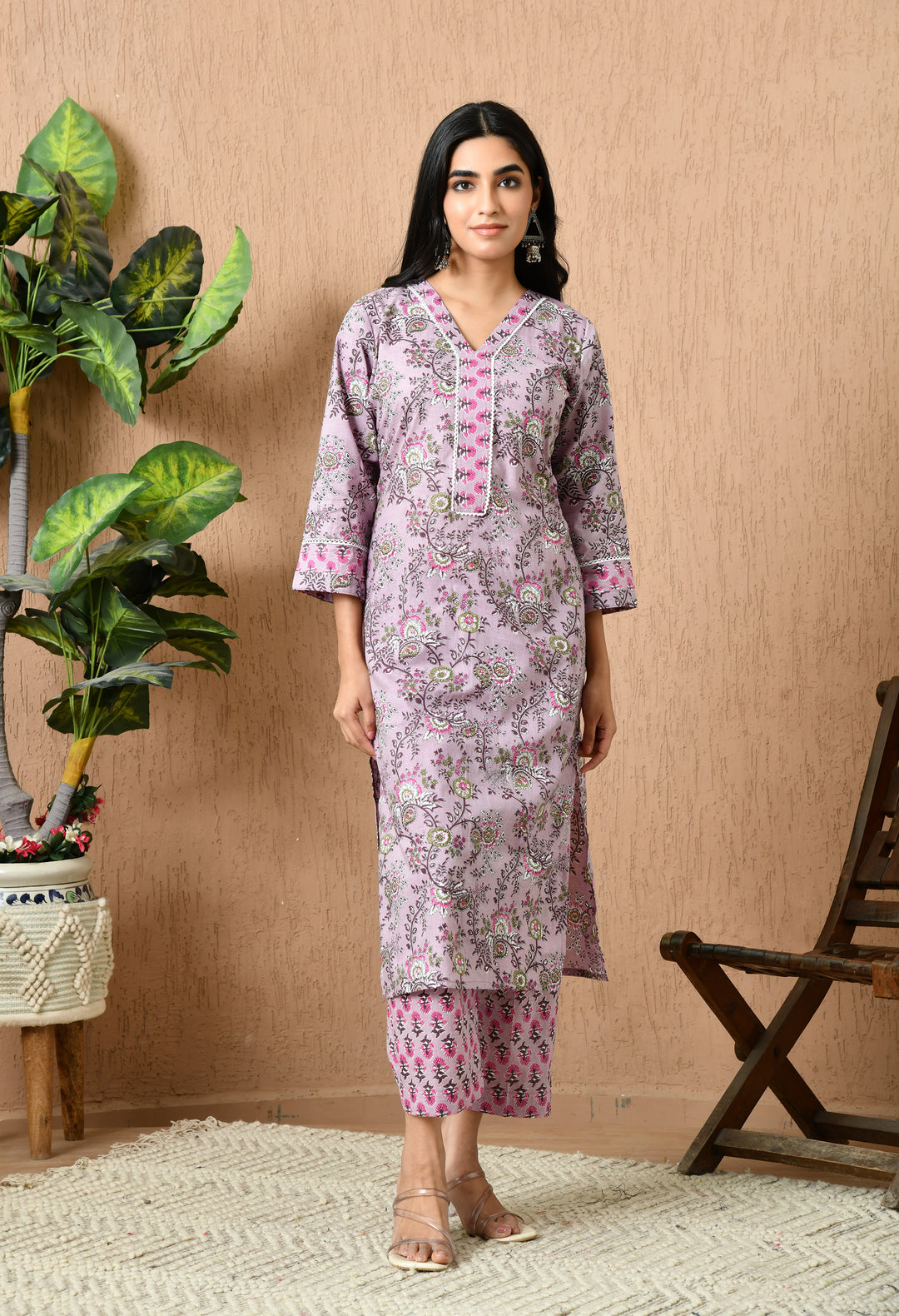 Pink Floral V-Neck Kurta Sets