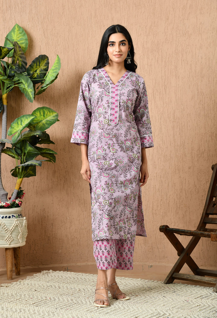 Pink Floral V-Neck Kurta Sets