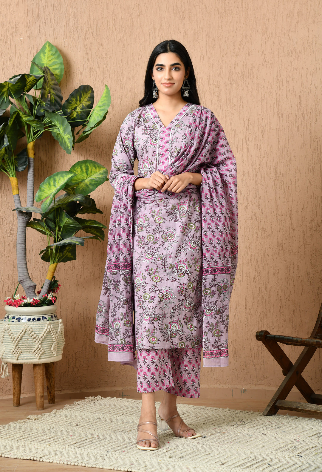 Pink Floral V-Neck Kurta Sets