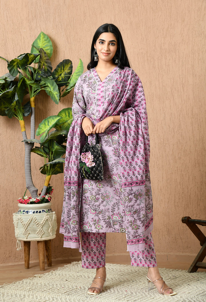 Pink Floral V-Neck Kurta Sets