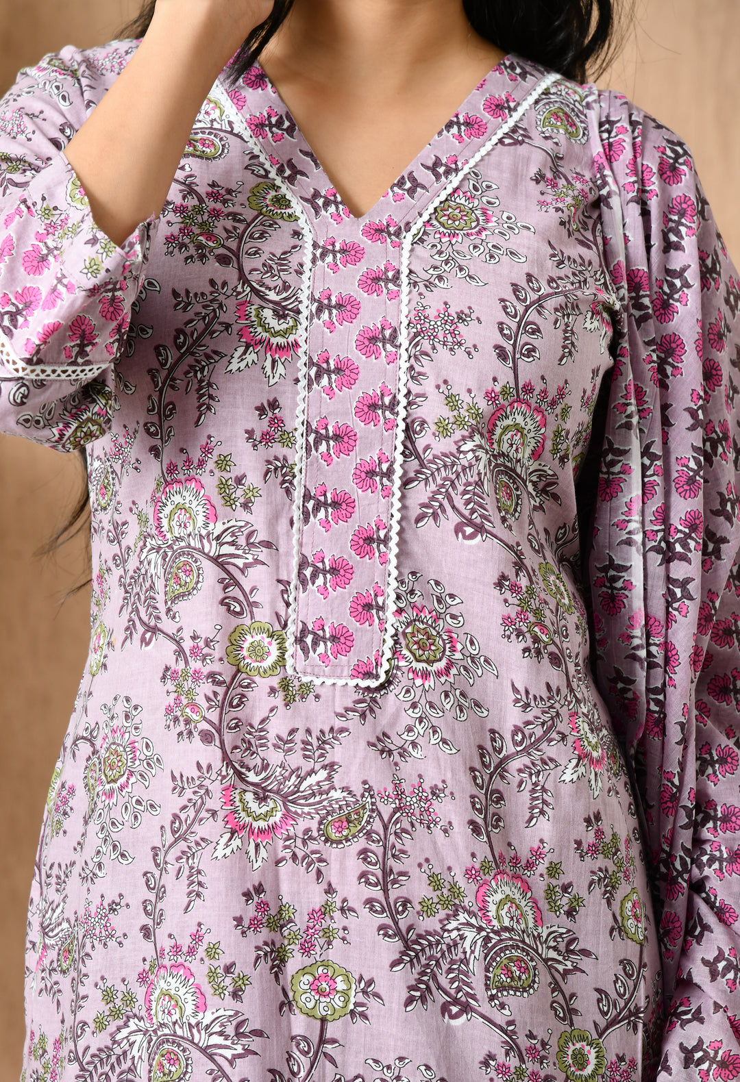 Pink Floral V-Neck Kurta Sets