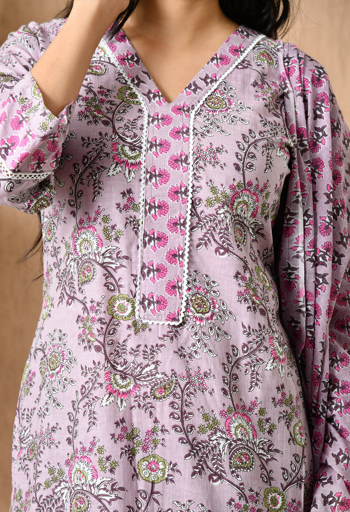 Pink Floral V-Neck Kurta Sets
