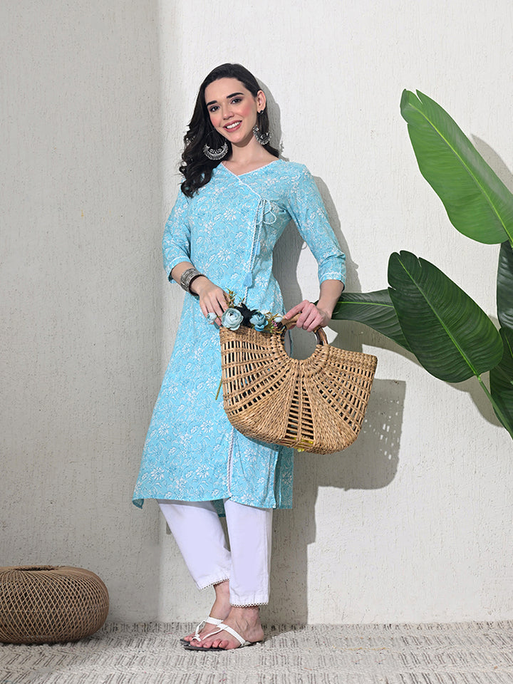 Light Blue Block Print Angarakha Kurta