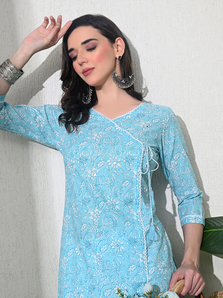 Light Blue Block Print Angarakha Kurta