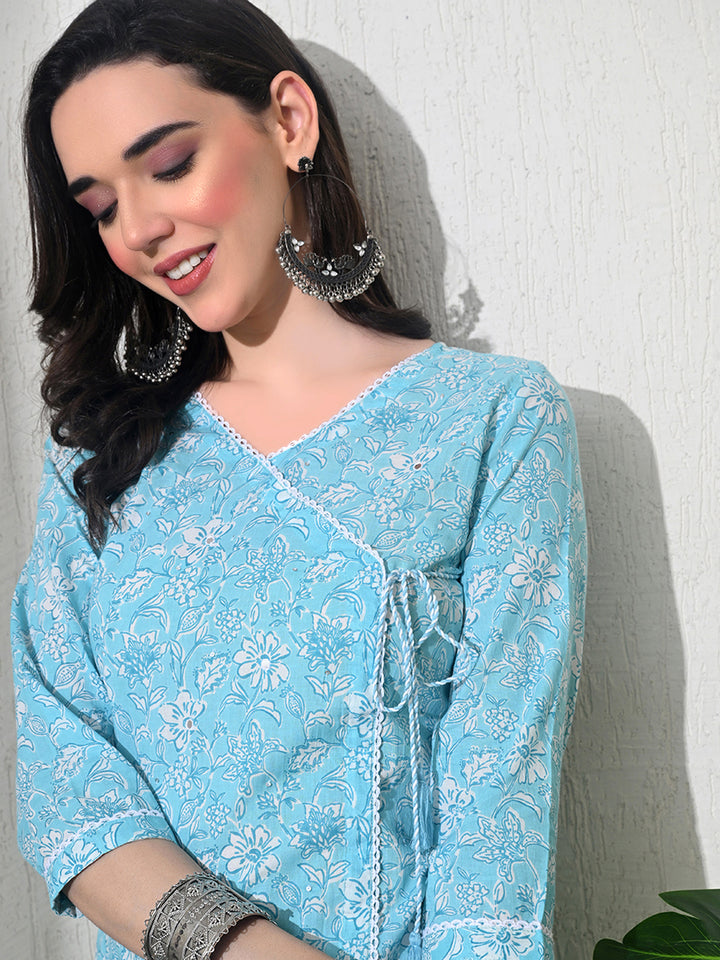 Light Blue Block Print Angarakha Kurta