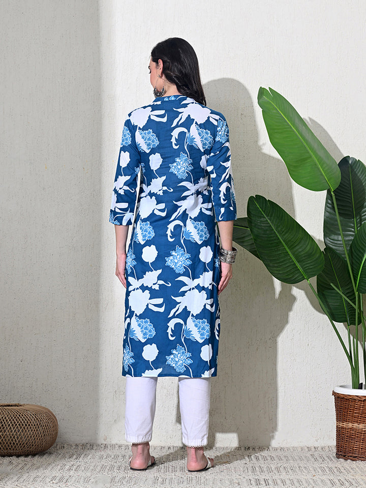 Blue Printed Cotton Front Slit Kurta