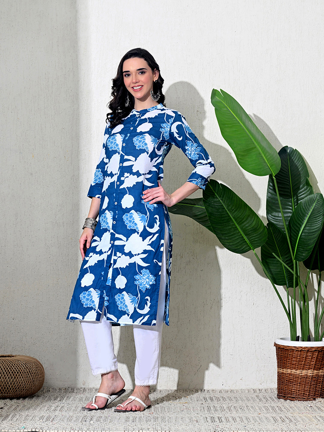 Blue Printed Cotton Front Slit Kurta