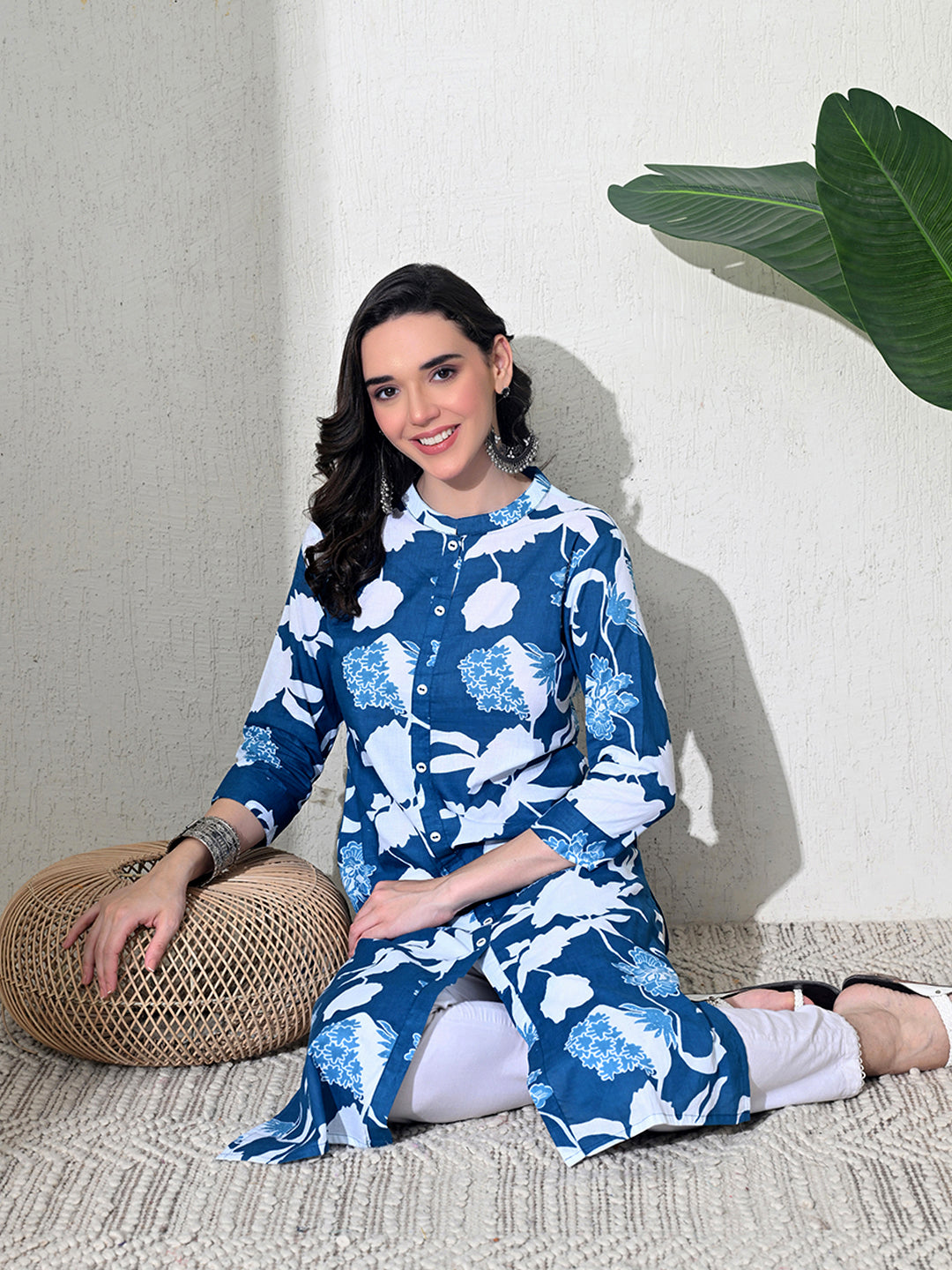 Blue Printed Cotton Front Slit Kurta