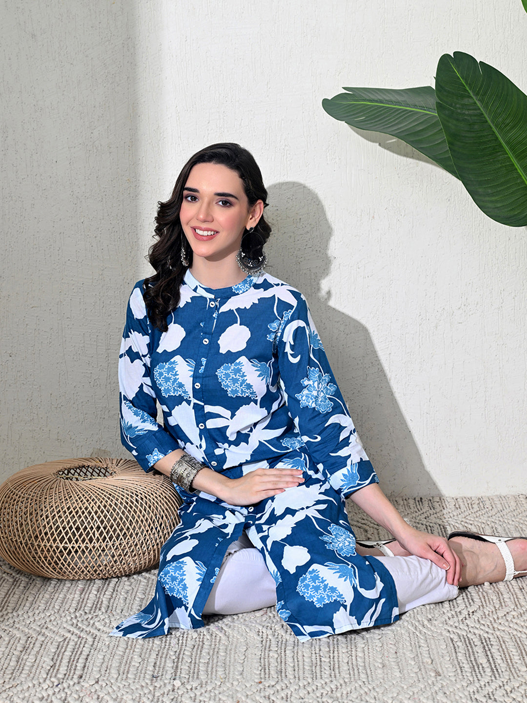 Blue Printed Cotton Front Slit Kurta