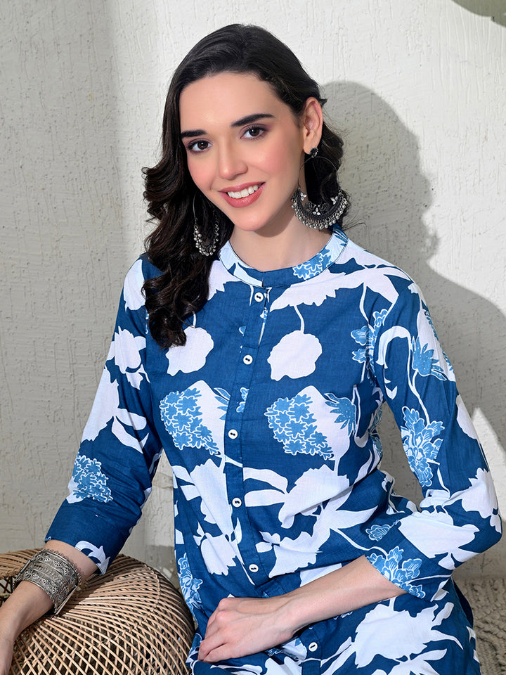 Blue Printed Cotton Front Slit Kurta