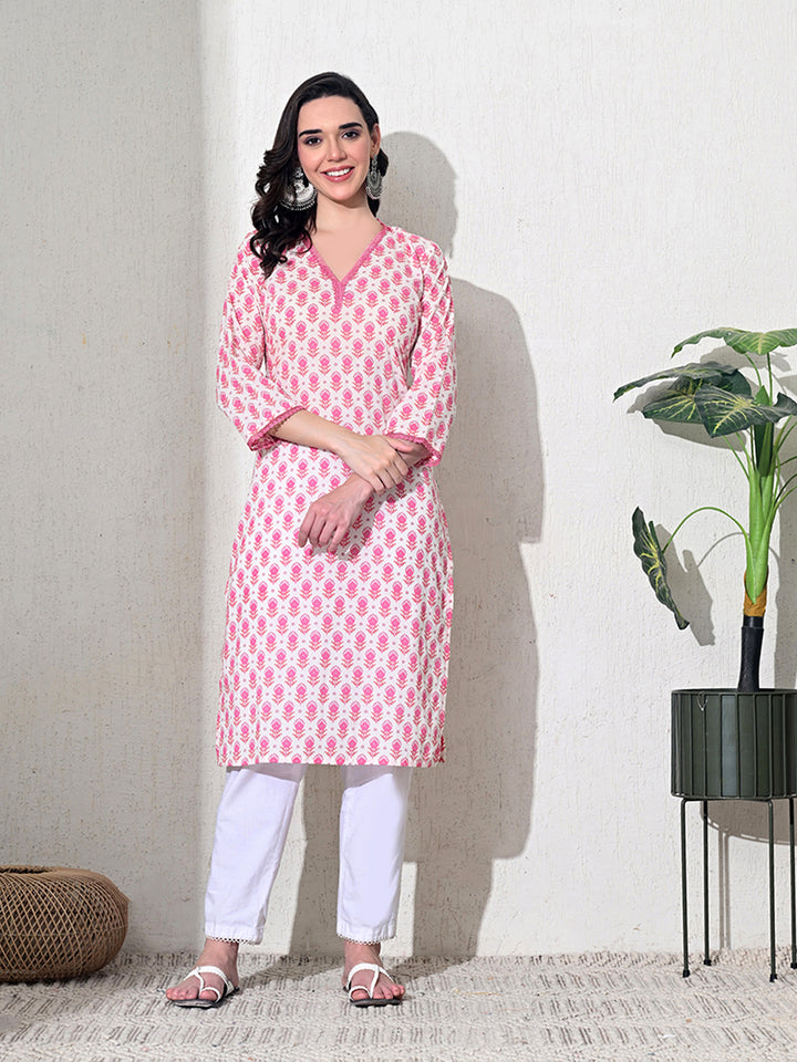 Pink Floral Lace Work Cotton Kurta