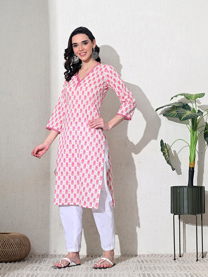 Pink Floral Lace Work Cotton Kurta