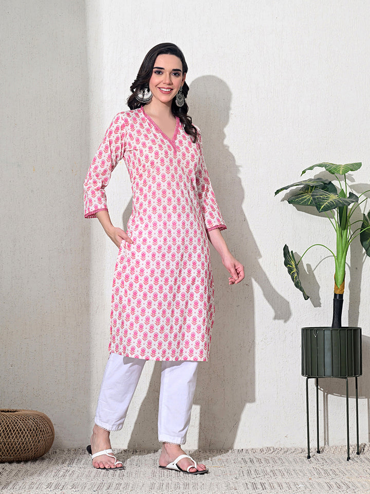 Pink Floral Lace Work Cotton Kurta