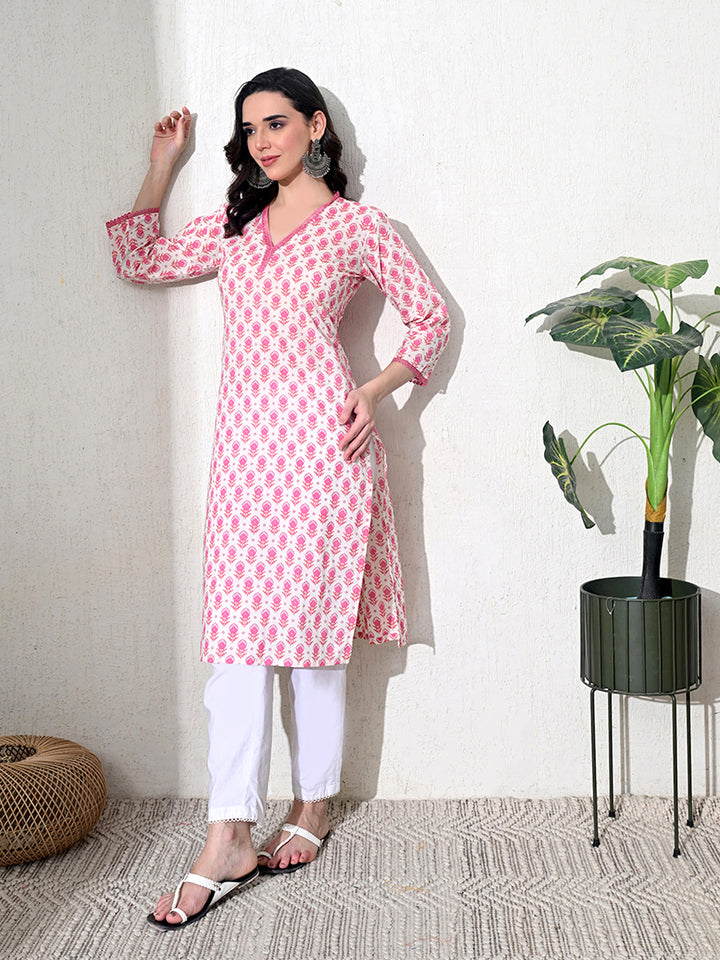 Pink Floral Lace Work Cotton Kurta
