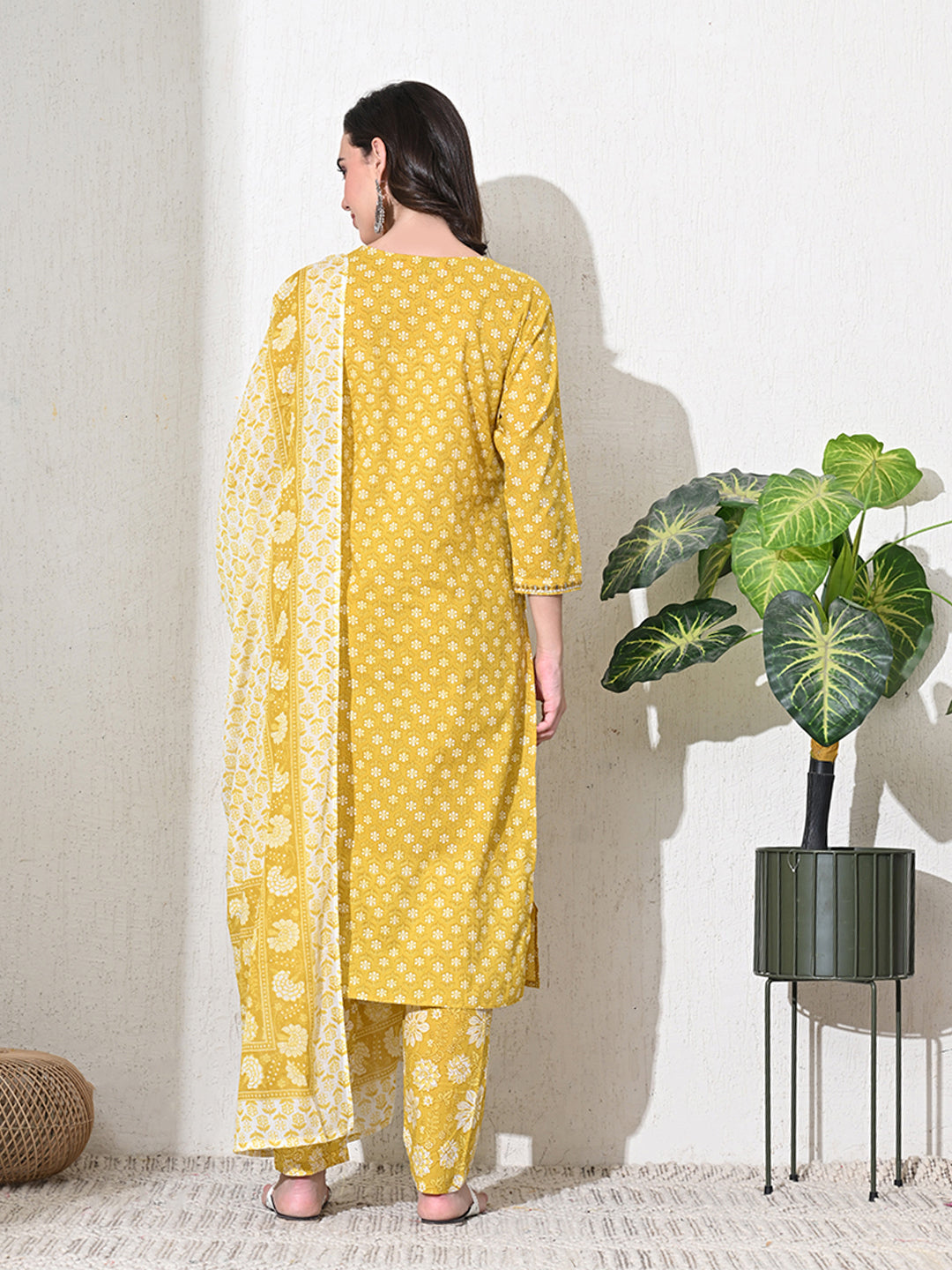 Yellow Mirror  Work Jaipuri Kurta Set