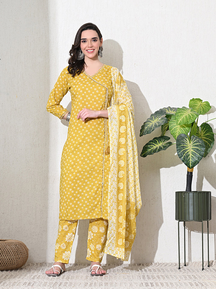 Yellow Mirror  Work Jaipuri Kurta Set