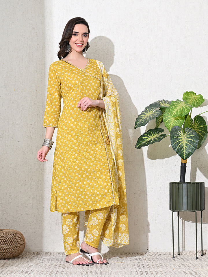 Yellow Mirror  Work Jaipuri Kurta Set