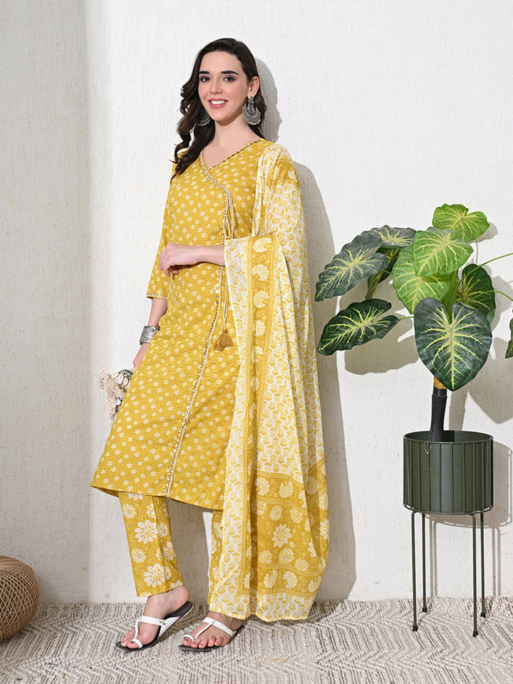 Yellow Mirror  Work Jaipuri Kurta Set