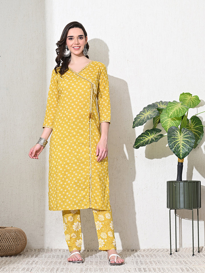 Yellow Mirror  Work Jaipuri Kurta Set