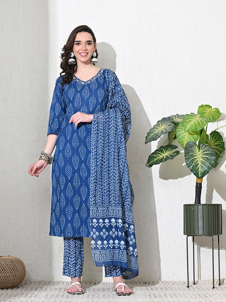 Blue Jaipuri Print Sequins Work Kurta set