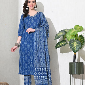 Blue Jaipuri Print Sequins Work Kurta set