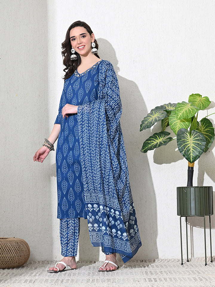 Blue Jaipuri Print Sequins Work Kurta set