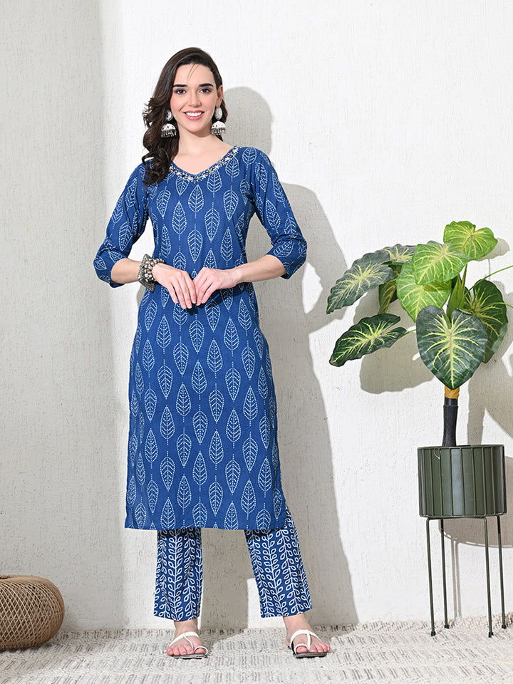 Blue Jaipuri Print Sequins Work Kurta set