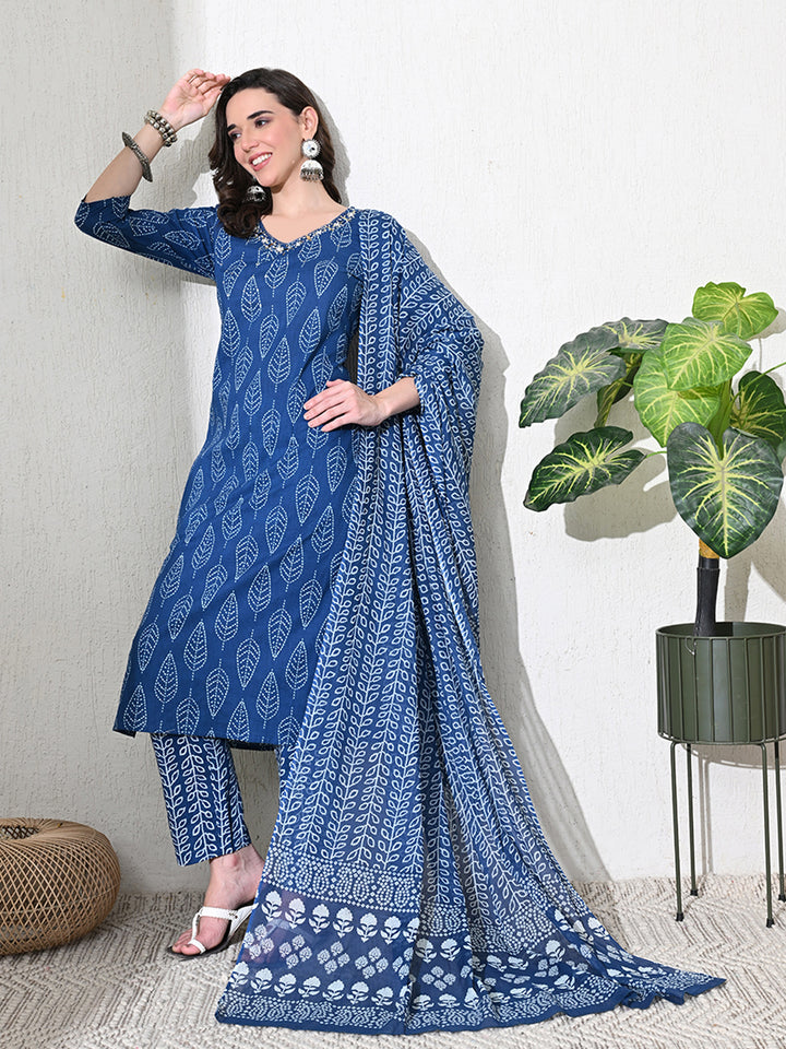 Blue Jaipuri Print Sequins Work Kurta set