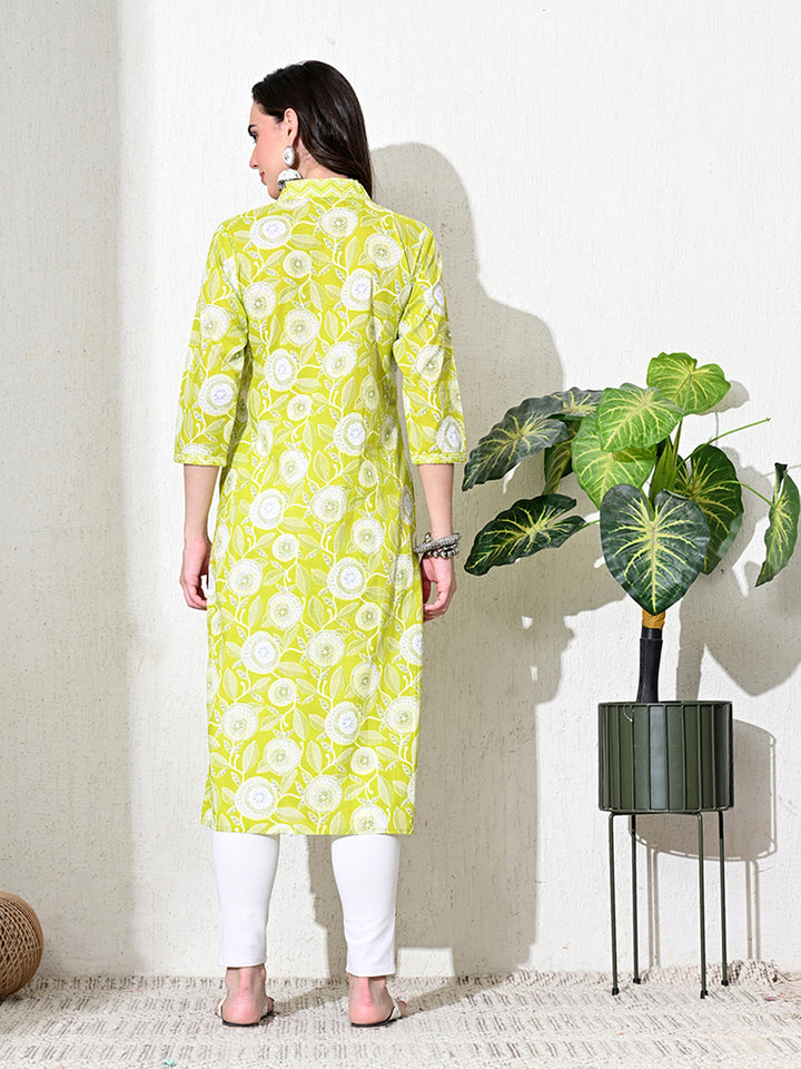 Light Green Floral Print Cotton Kurta