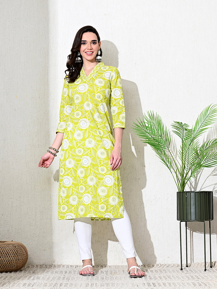 Light Green Floral Print Cotton Kurta