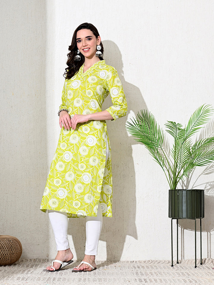 Light Green Floral Print Cotton Kurta