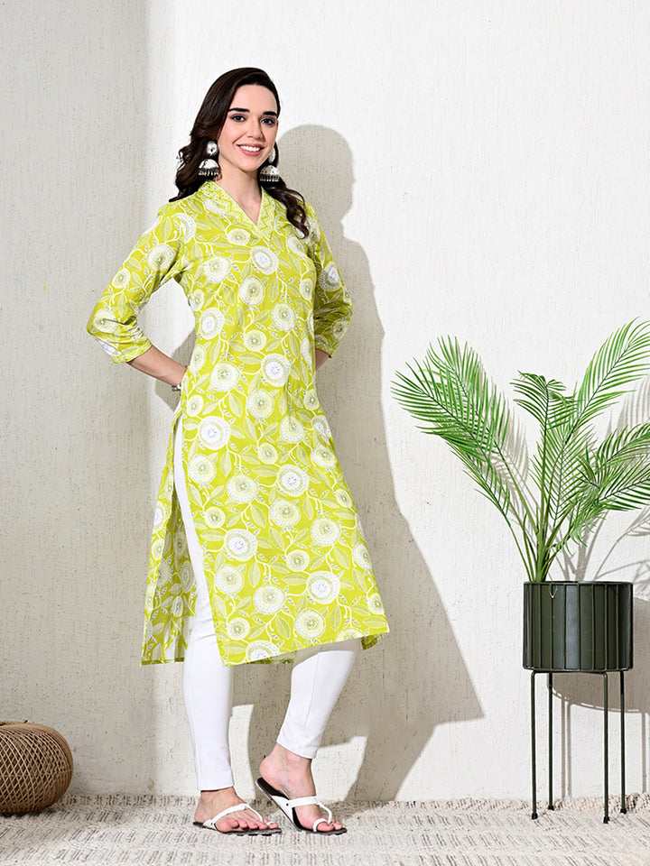 Light Green Floral Print Cotton Kurta