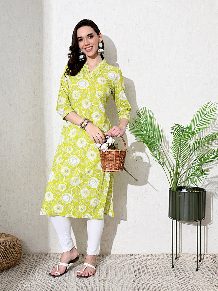 Light Green Floral Print Cotton Kurta
