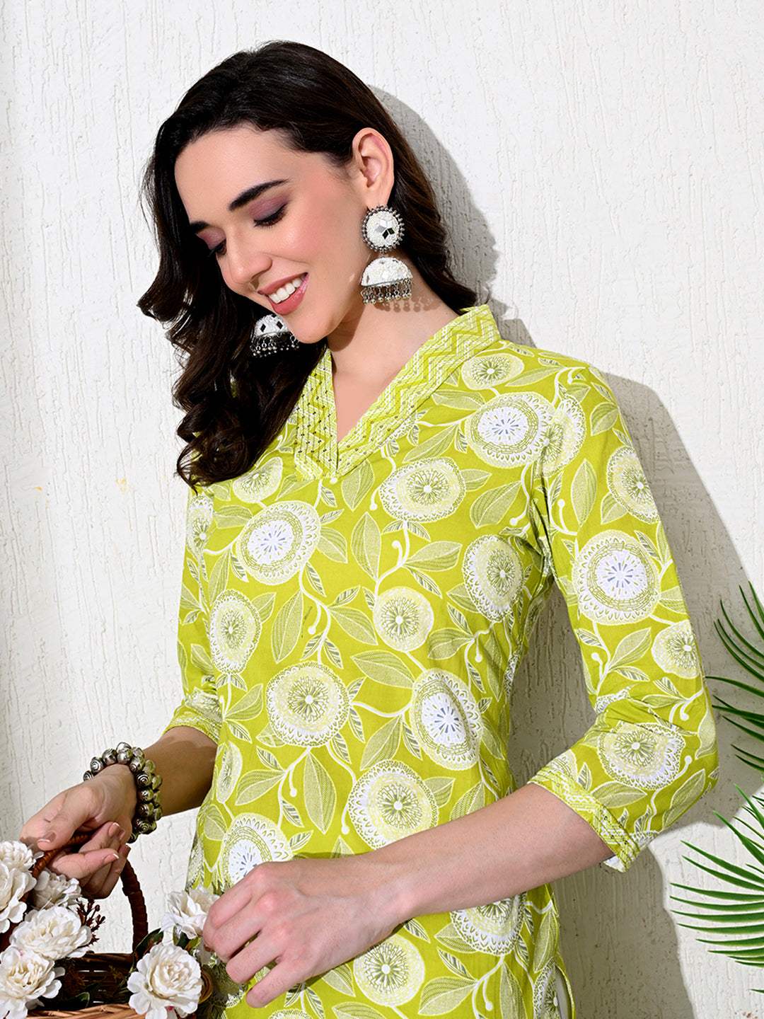 Light Green Floral Print Cotton Kurta
