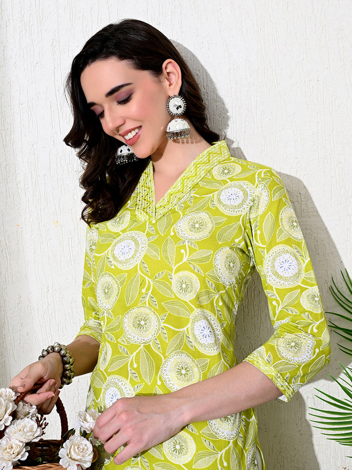 Light Green Floral Print Cotton Kurta