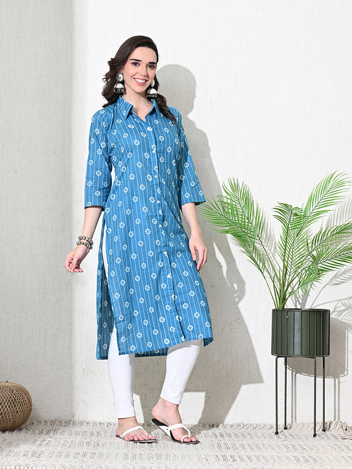 Blue Block Print Cotton Kurta