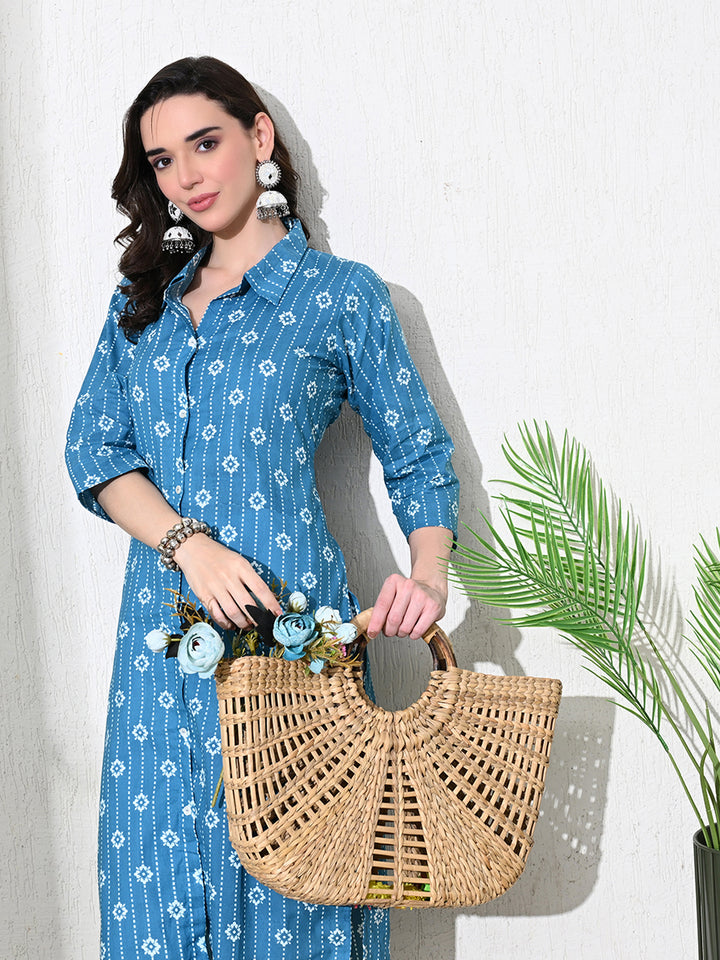Blue Block Print Cotton Kurta