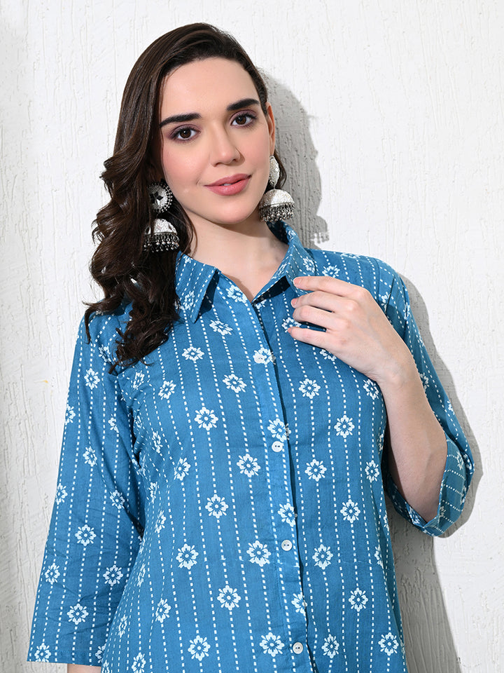 Blue Block Print Cotton Kurta