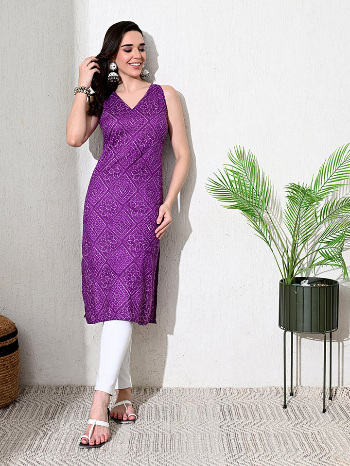 Purple Bandhani Print Cotton kurta