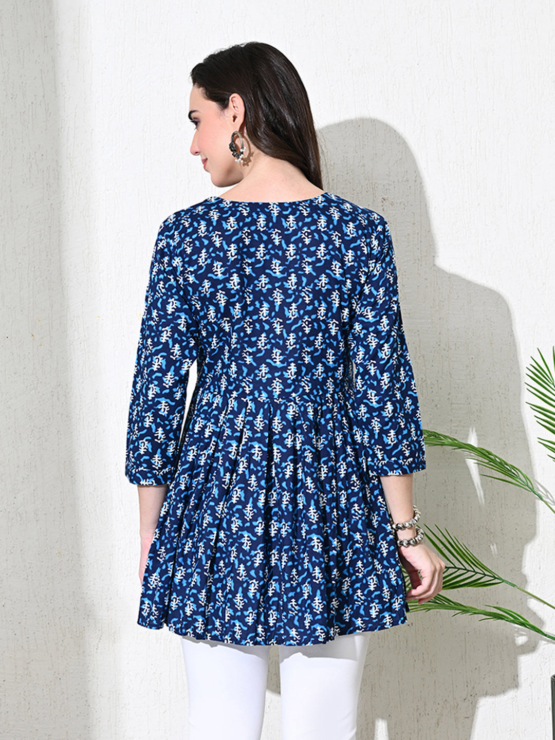Indigo Block Print Cotton Flared Top