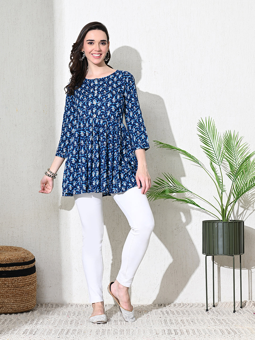 Indigo Block Print Cotton Flared Top