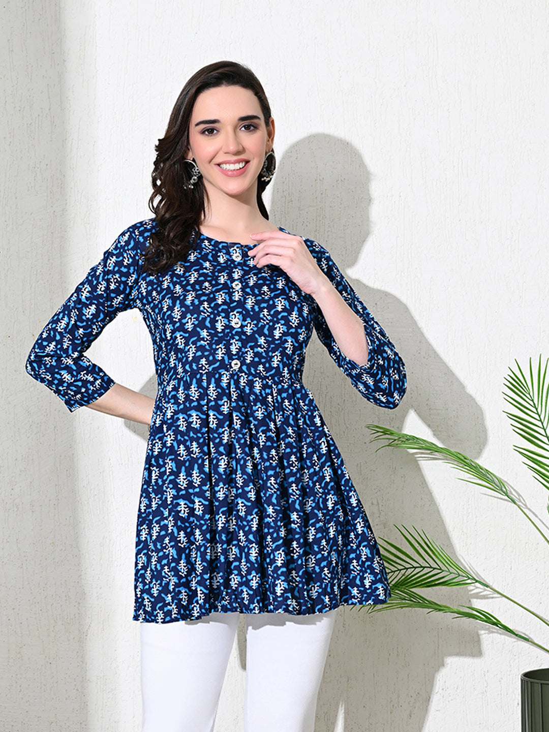 Indigo Block Print Cotton Flared Top