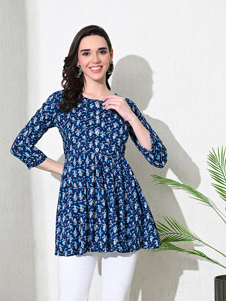 Indigo Block Print Cotton Flared Top